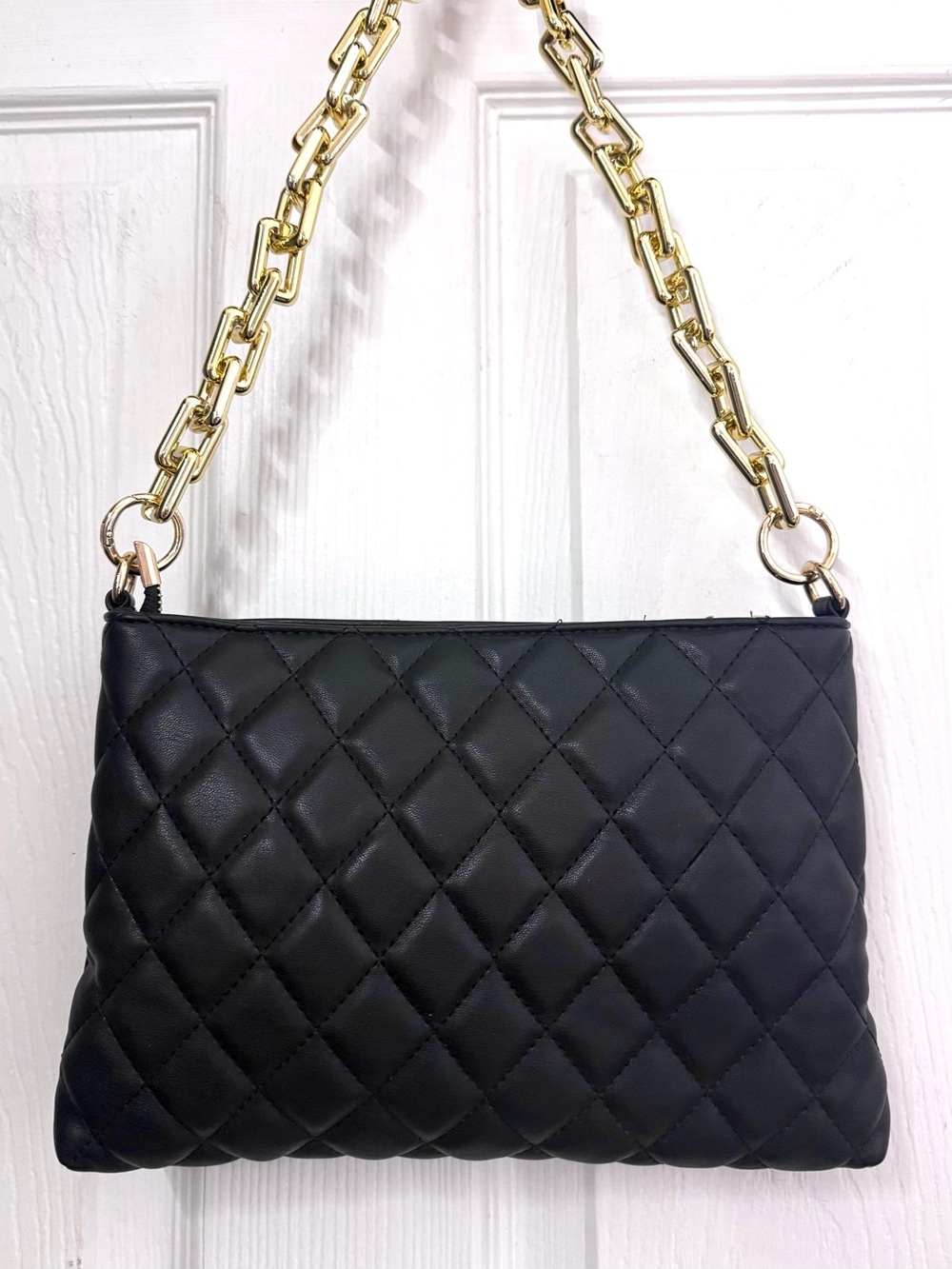 Lola Mae Black Quilted Faux Leather Shoulder Bag Gold-Tone Chain Zip Clutch